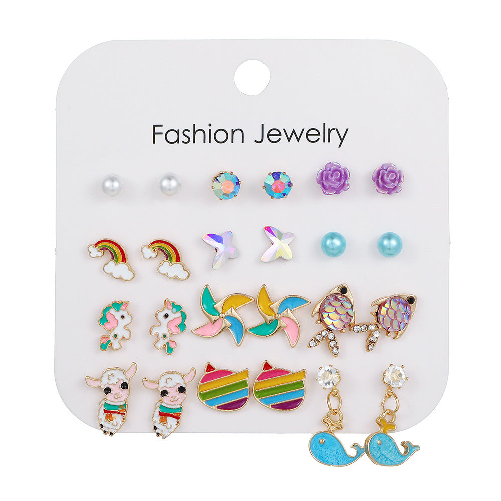 Fashion Elegant Colorful Drip Oil Animal and Floral Stud Earrings Set for Women