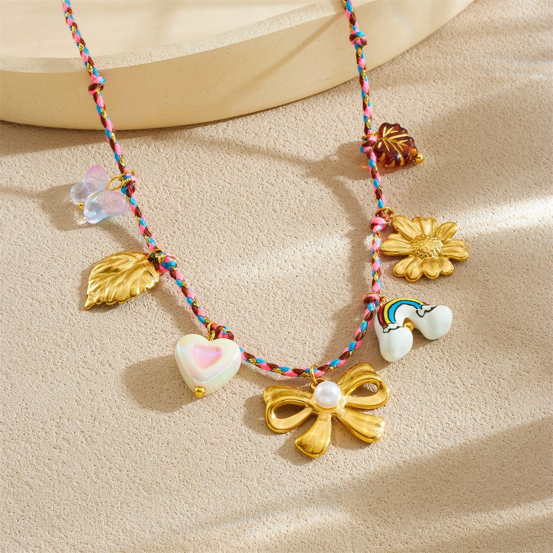 Rainbow Bow Stainless Steel Plated Pendant Necklace Charm Bar for Women