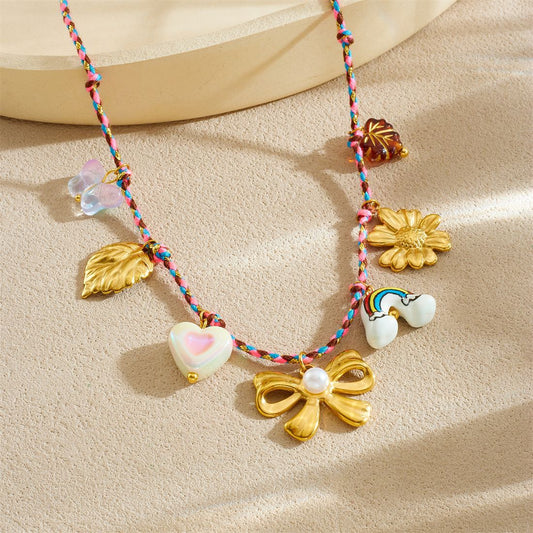 Rainbow Bow Stainless Steel Plated Pendant Necklace Charm Bar for Women