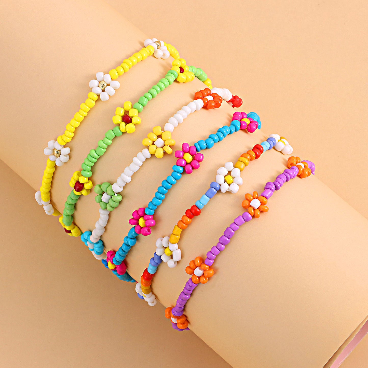 Floral Anklet for Women Handmade Beaded Colorful Flower Design Anklet Set for Beach Fashion