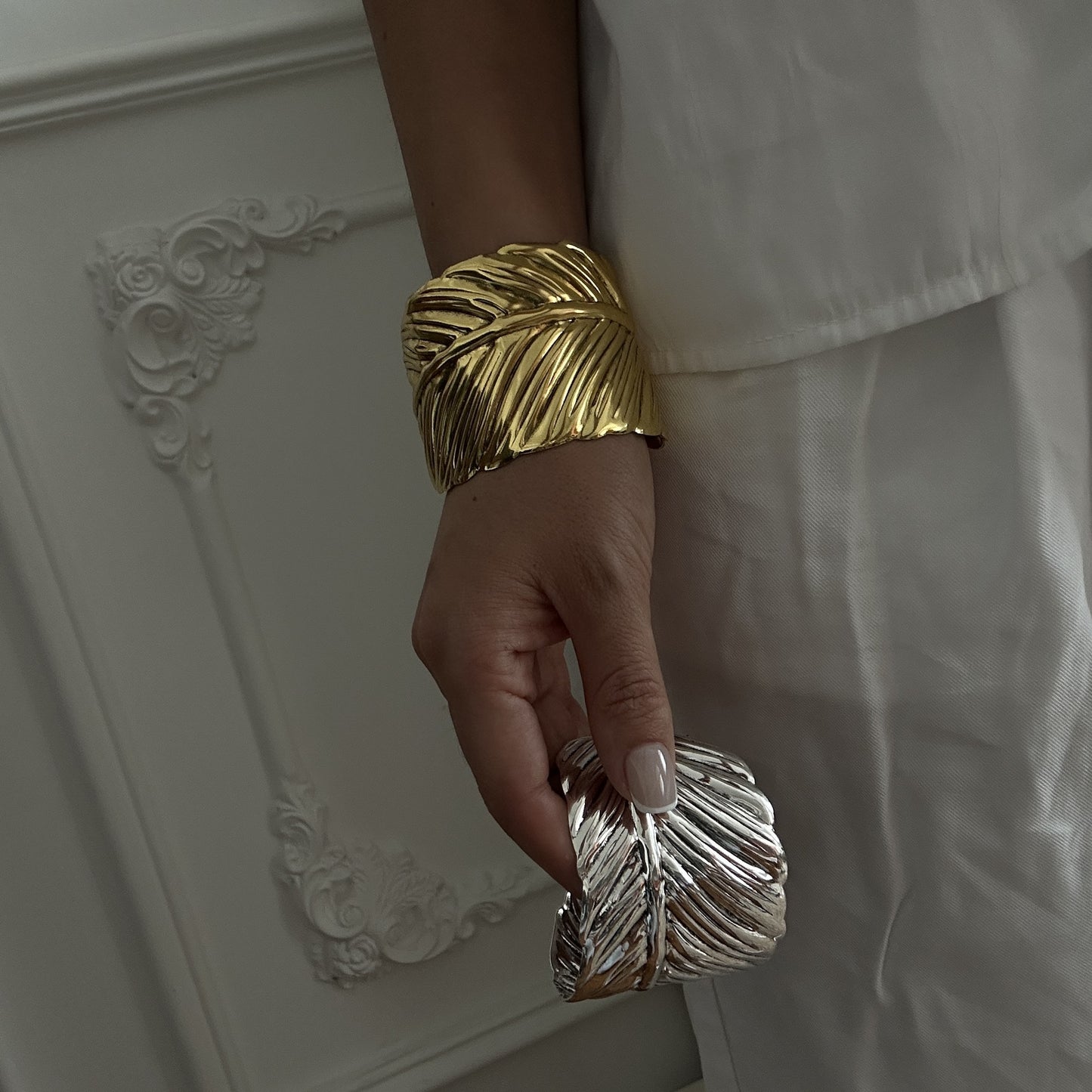 Bohemian Engraved Feather Wide Cuff Bracelet Gold Plated Metal Jewelry for Women