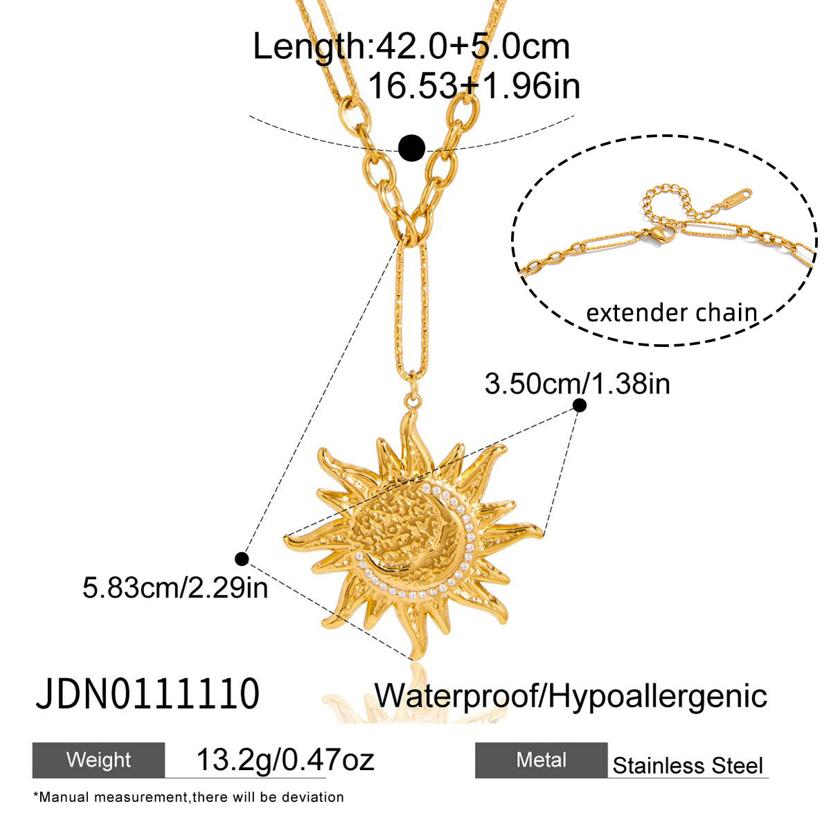 Minimalist Stainless Steel Sun Pendant Necklace and Earring Set for Women with PVD Plated Cable Chain