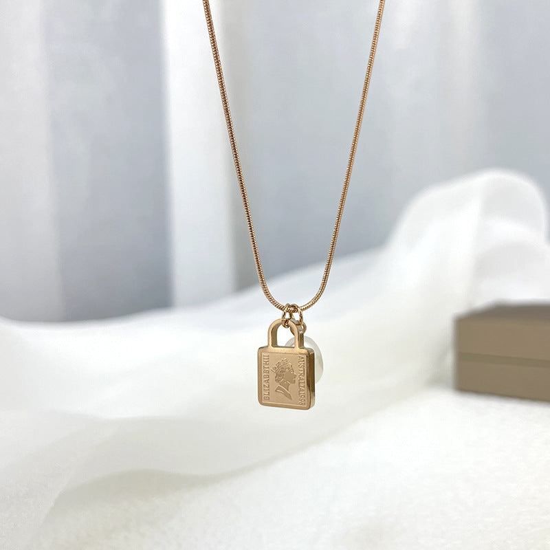 Minimalist Geometric Stainless Steel Pendant Necklace for Women with Snake Chain and Lucky Lock Design