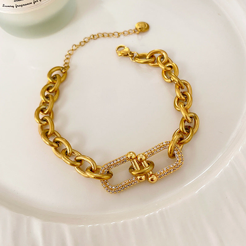 Minimalist Gold Plated Titanium Steel Micro-Pave Diamond Horseshoe Clasp Cuban Link Bracelet