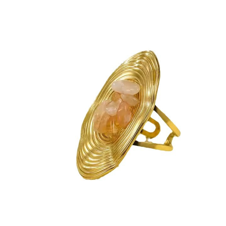Anillo minimalista de acero inoxidable con forma ovalada e incrustaciones de piedra natural para mujer, joyería de lujo