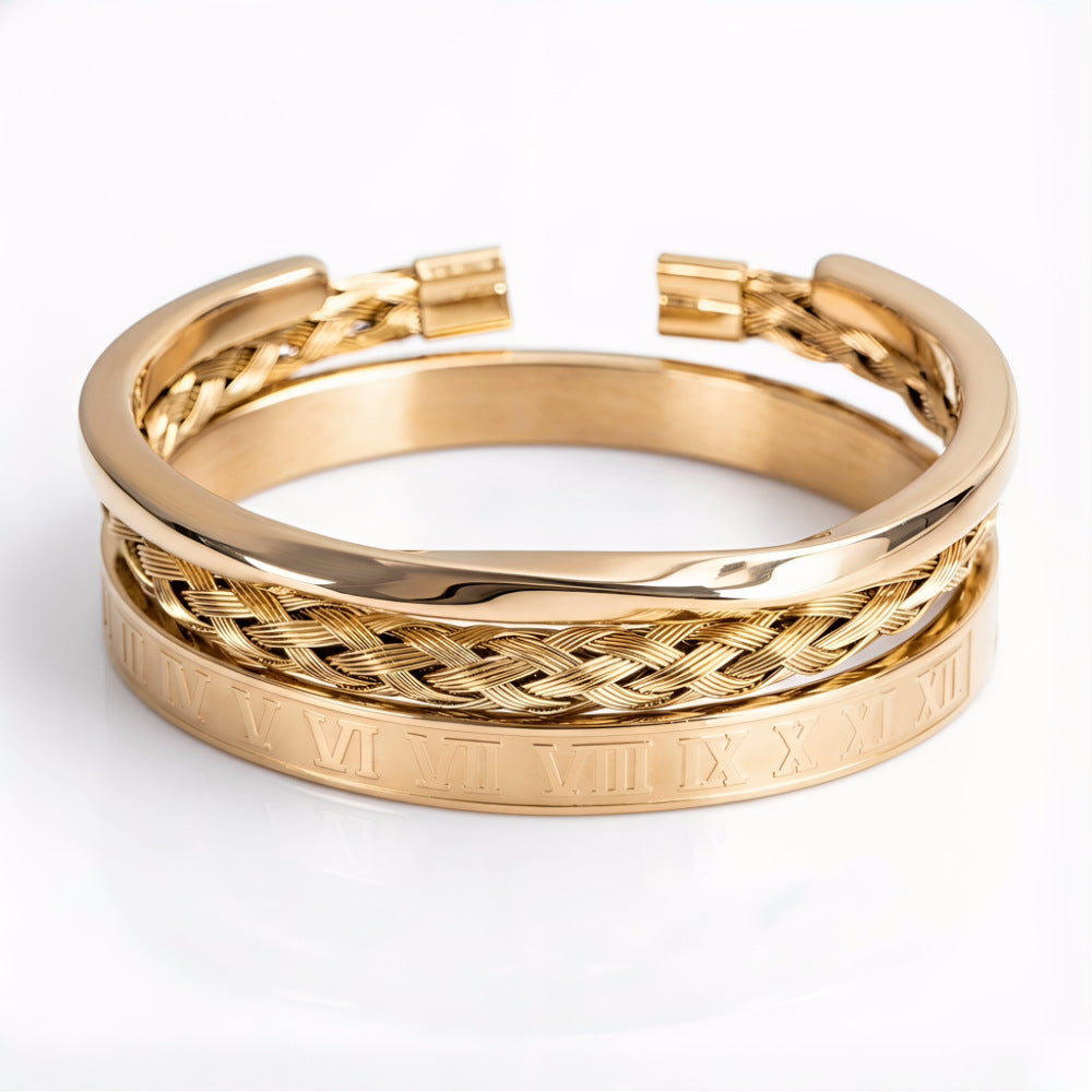 Punk Geometric Round Letter Titanium Steel Plated Open Cuff Bracelet Set for Unisex