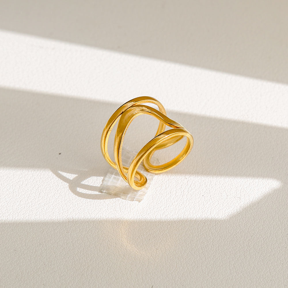 Anello di tendenza da donna in acciaio inossidabile geometrico placcato oro con perle e fiori stile Instagram