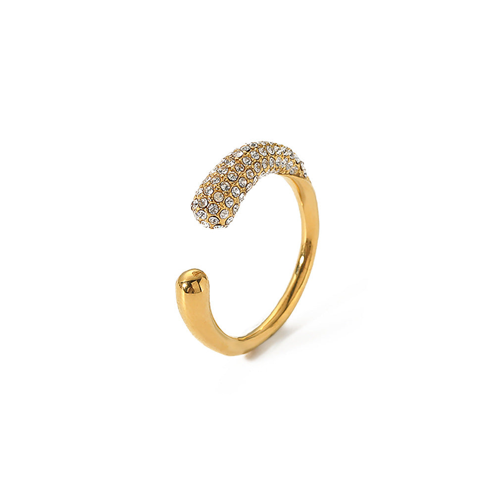 Minimalist Geometric Drop-Shaped Stainless Steel Ring with Rhinestone Inlay and 18K Vacuum Plating for Women