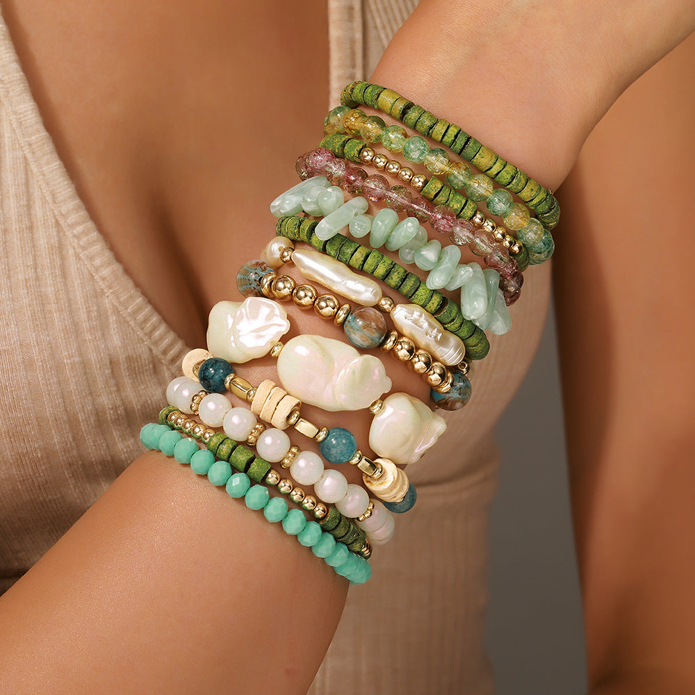 Bohemian Multi-Layer Geometric Coconut Shell Handmade Beaded Bracelet Set with Crystal and Pearl