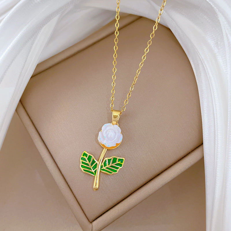 Sweet Elegant Drip Oil Floral Moon Rhinestone Pendant Necklace Titanium Steel Cable Chain for Unisex