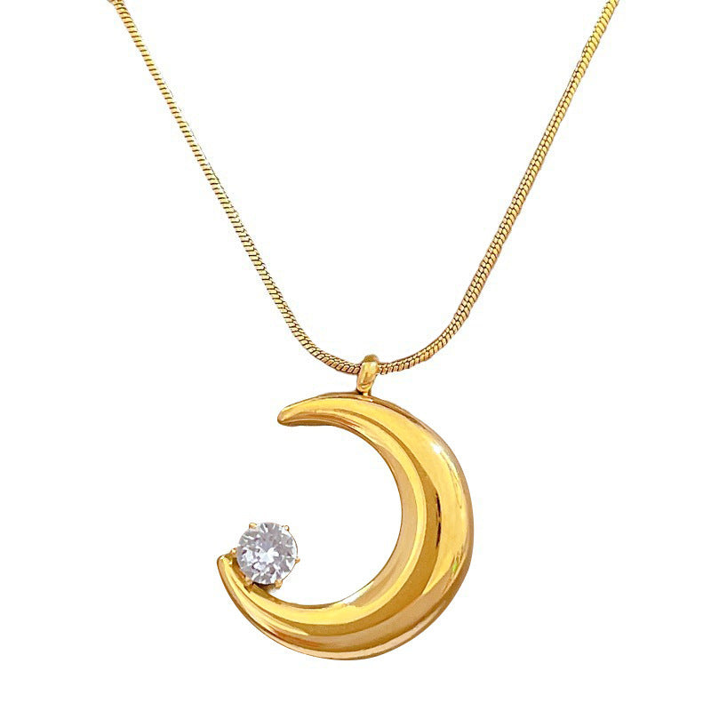 Minimalist Moon-Shaped Titanium Steel Necklace with Zircon Inlay for Women Fashionable Clavicle Chain
