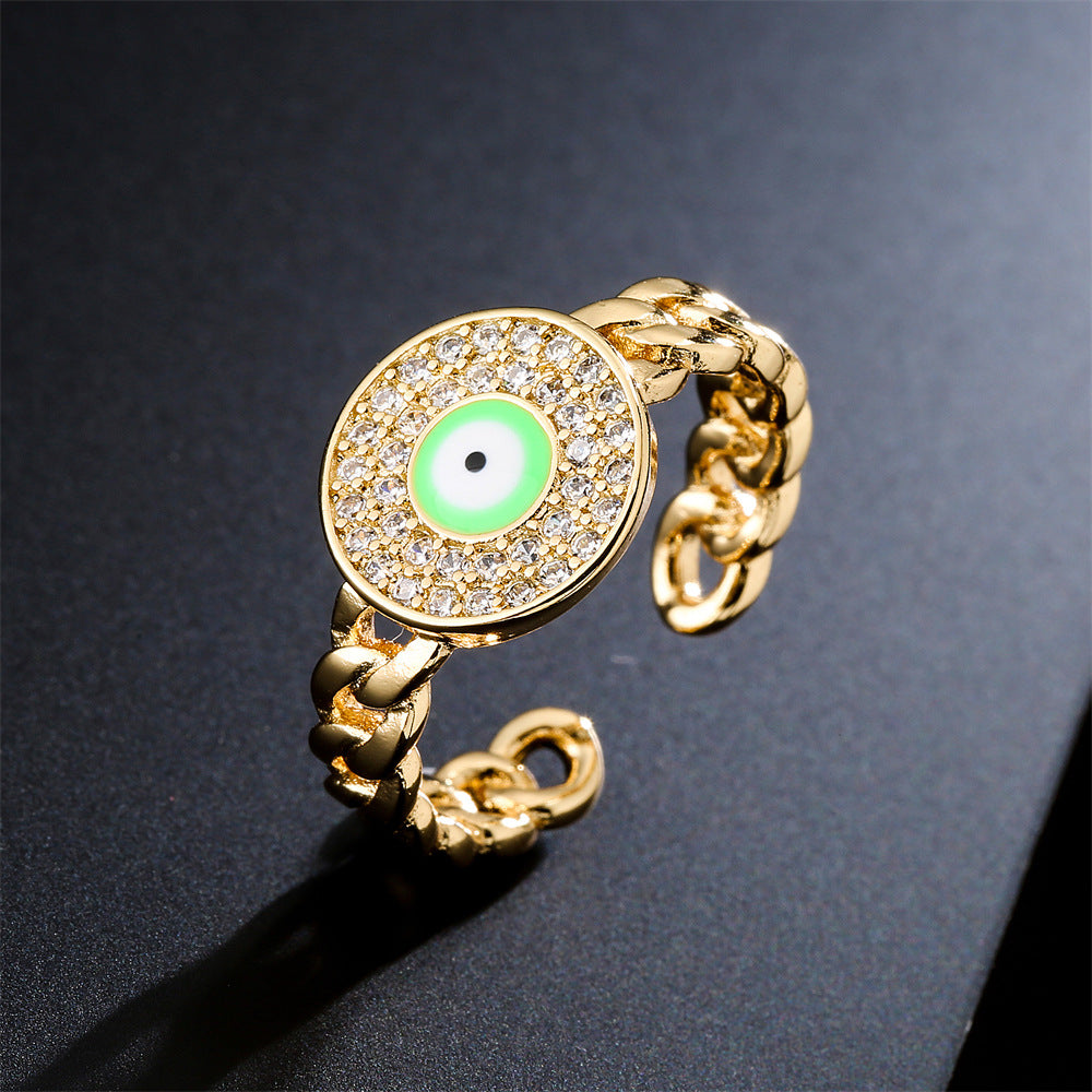 Anello Minimalista Geometrico Aperto da Motociclista in Rame con Occhio di Allah in Smalto e Intarsio di Zirconi