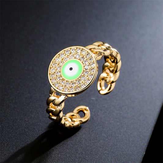 Minimalist Geometric Open Motorcycle Ring in Copper with Enamel Evil Eye and Zircon Inlay