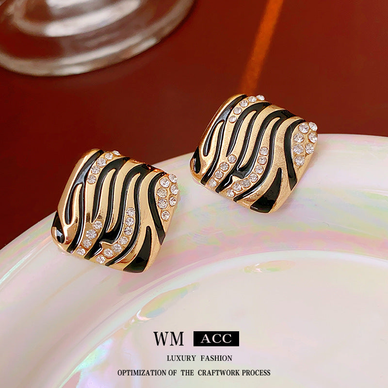 Vintage Geometric Square Alloy Earrings with Rhinestone Inlay and Enamel Finish for Women