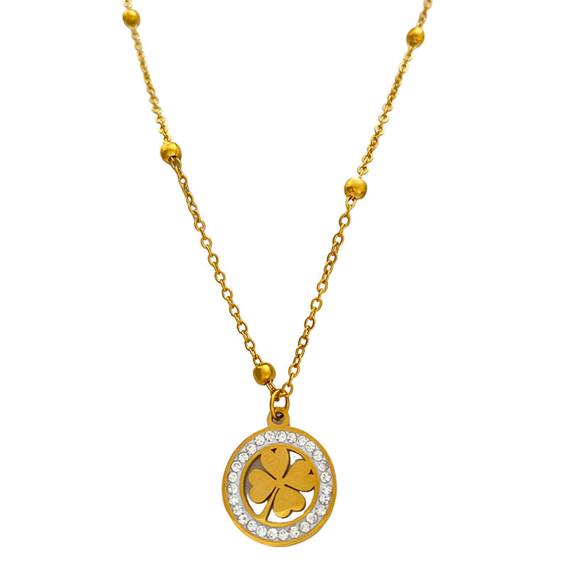 Gold Plated Titanium Steel Micro-Pave Diamond Hollow Round Geometric Necklace and Earring Set