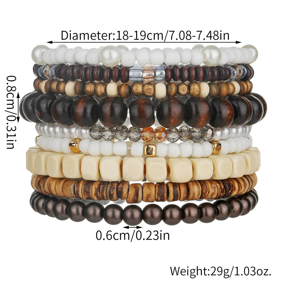 Bohemian Round Wood Bead Bracelet with Imitation Pearl and Crystal Inlay for Unisex