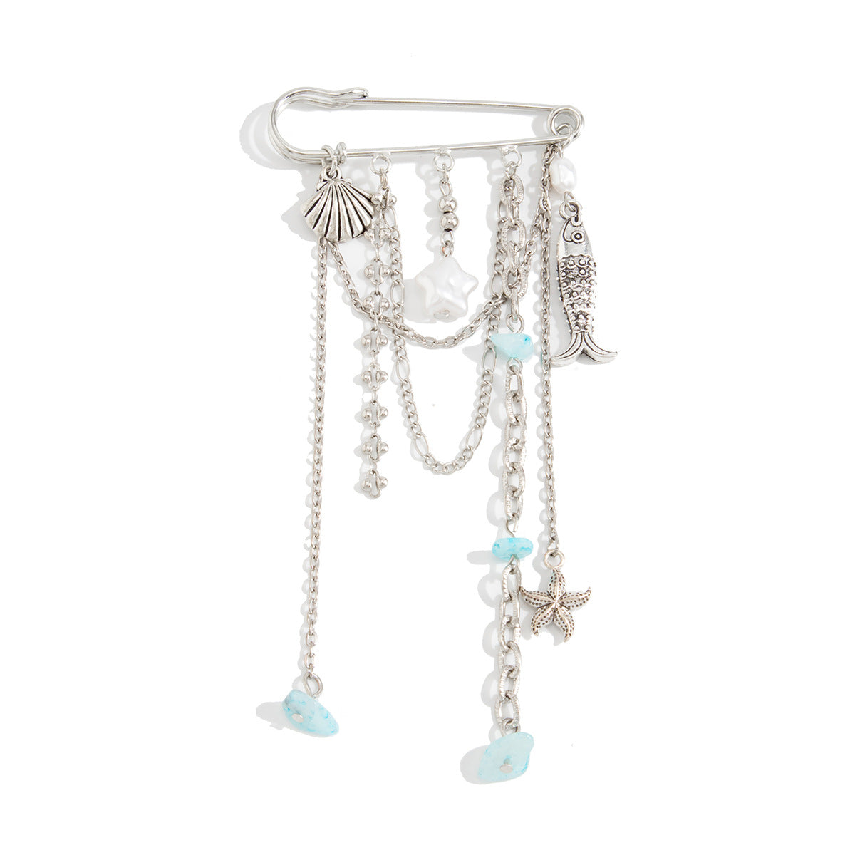 Personalized Star Shape Iron Plated Brooch with Turquoise and Shell Tassel Charm Bar
