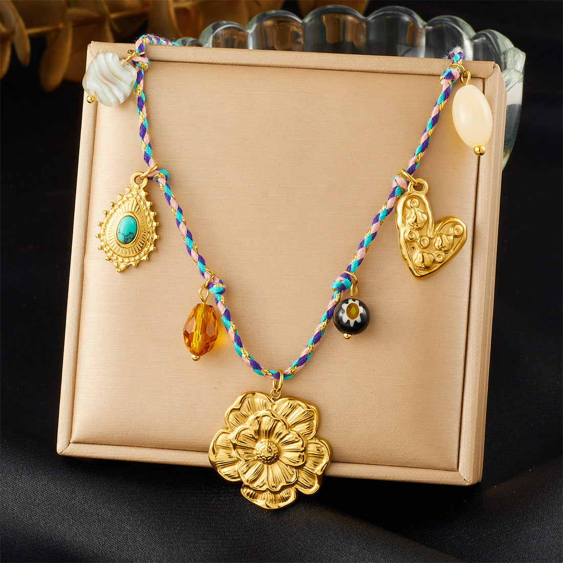 Bohemian Vintage Gold Plated Stainless Steel Rope Chain Floral Pendant Jewelry Set