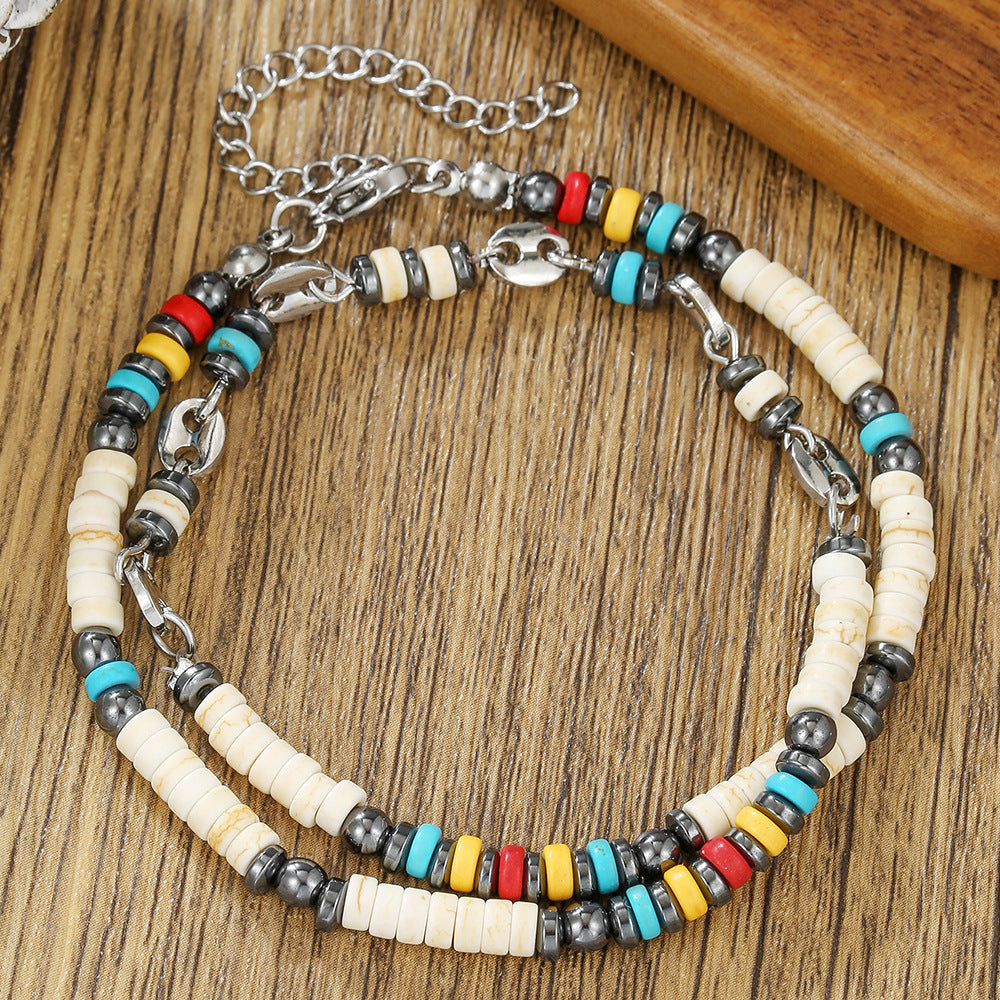 Vintage Geometric Round Turquoise and Hematite Handmade Beaded Bracelet for Unisex