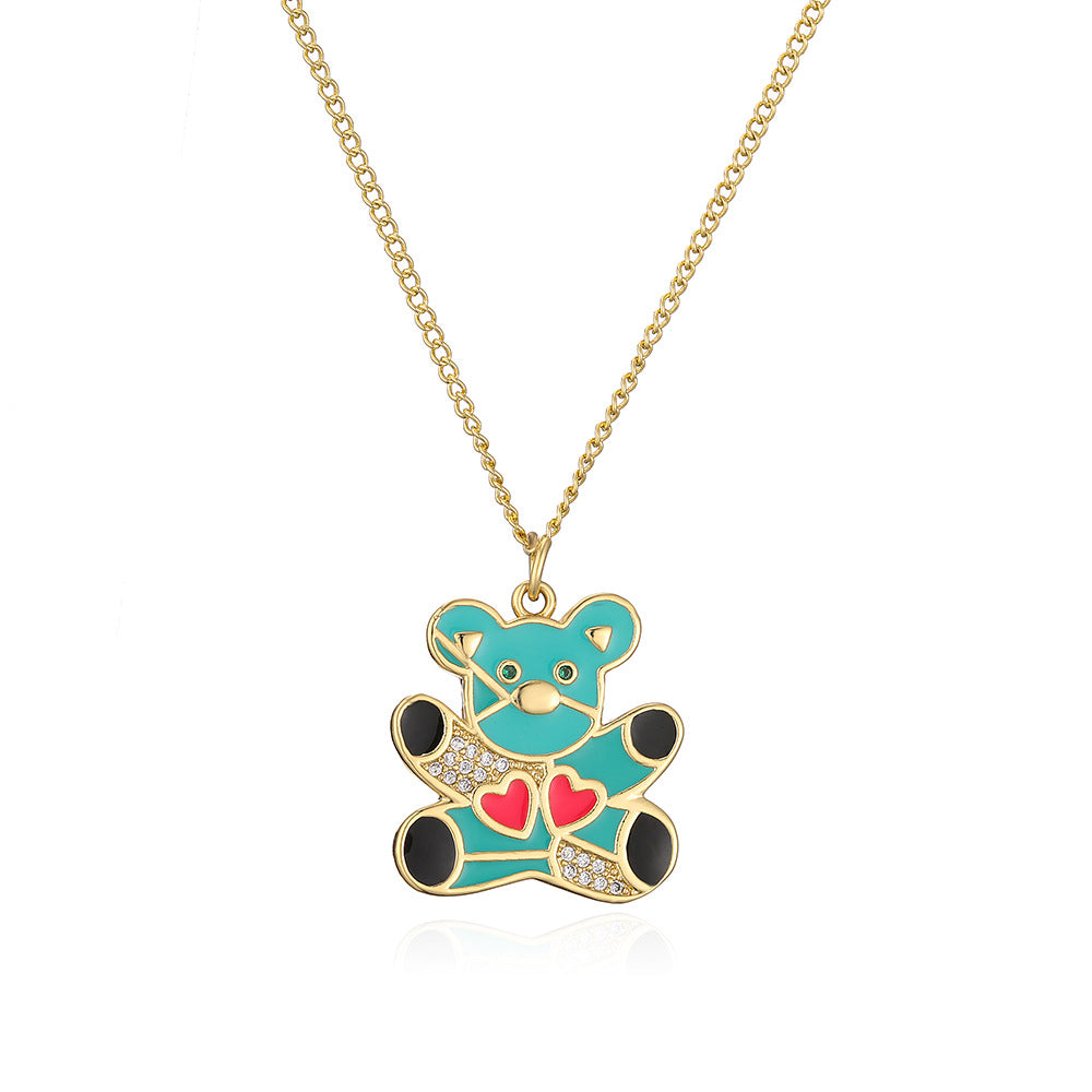 Collana con Pendente Orsetto Carino da Donna Realizzata in Rame con Placcatura in Oro 18K e Finitura a Smalto con Accenti in Zirconi Cubici