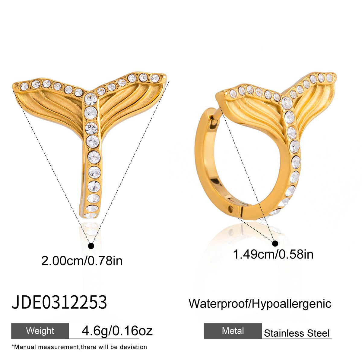 Elegant Geometric Stainless Steel Plated Rhinestone Fish Tail Hoop Earrings for Women