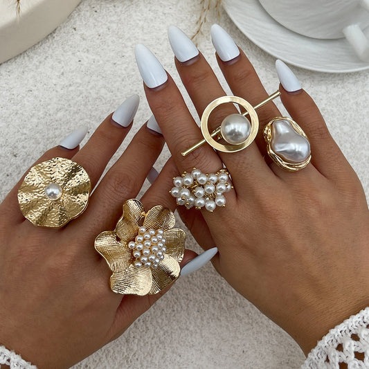 Anillo abierto barroco floral geométrico para mujer con incrustaciones de perlas de imitación y acabado de metal galvanizado