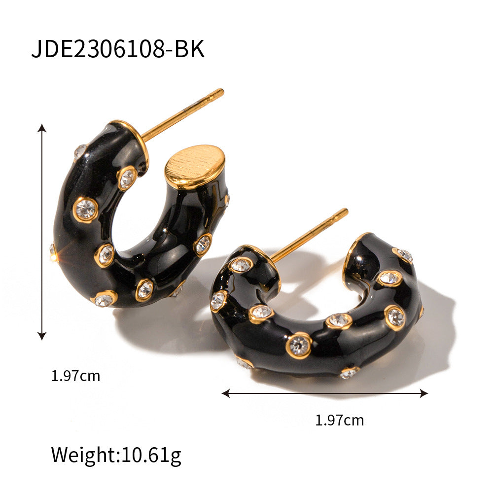 Fashionable Ins Style 18K Plated Stainless Steel Black Enamel Rhinestone C-Shape Geometric Hoop Earrings for Women