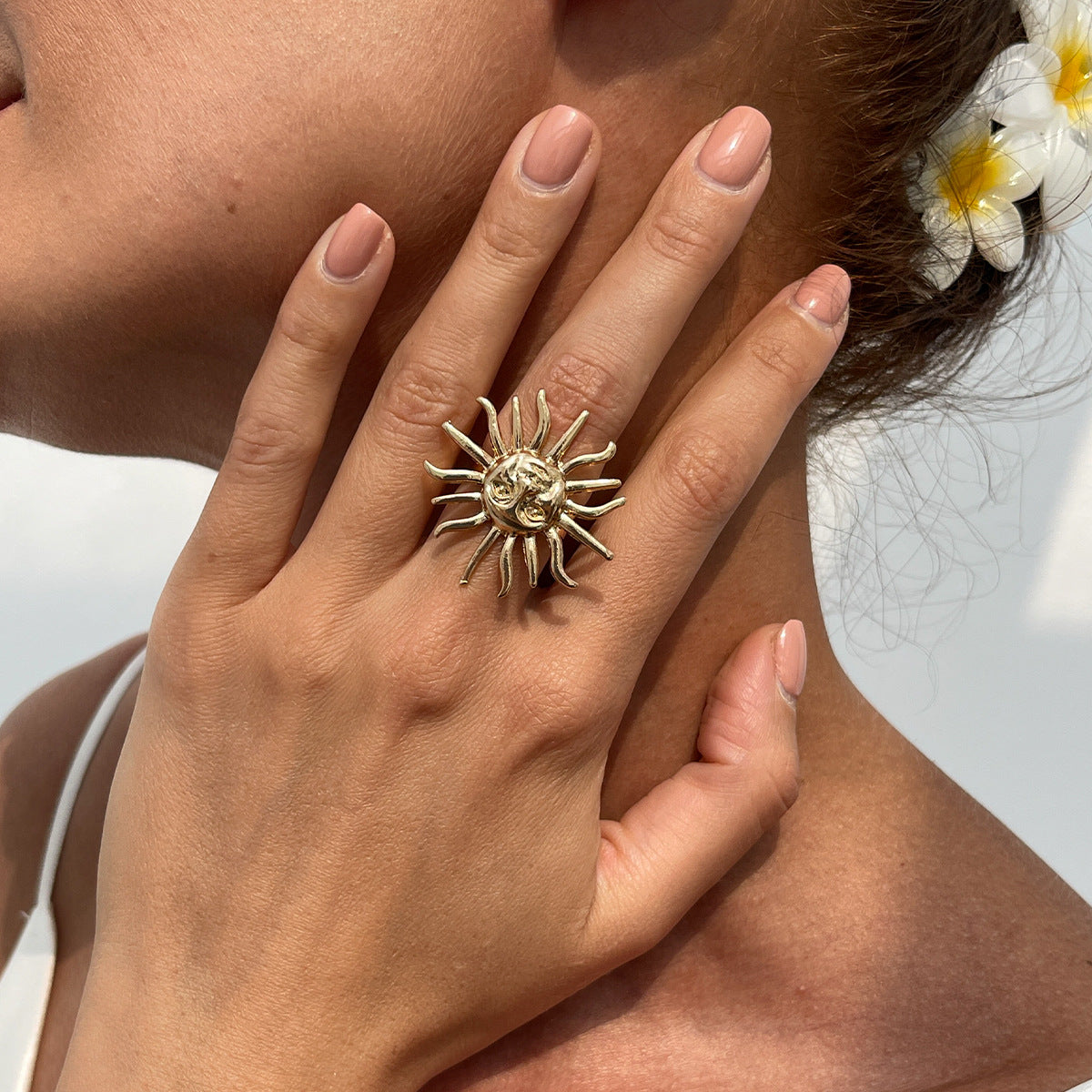 Exaggerated Geometric Moon Star Zinc Alloy Plated Ring Set for Women