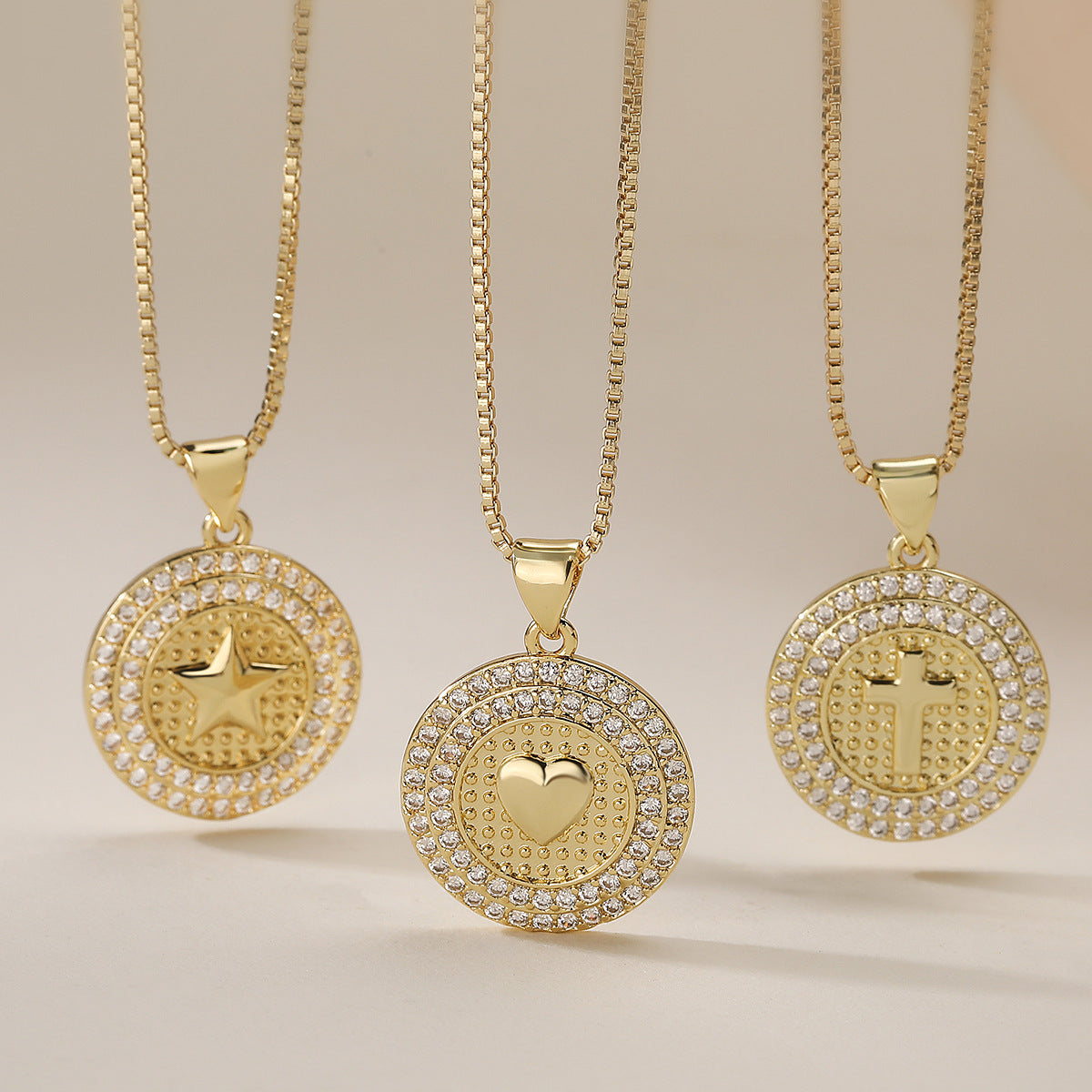 Minimalist 18K Gold Plated Brass Cross Heart Star Round Pendant Necklace with Cubic Zirconia