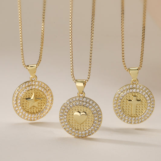 Minimalist 18K Gold Plated Brass Cross Heart Star Round Pendant Necklace with Cubic Zirconia