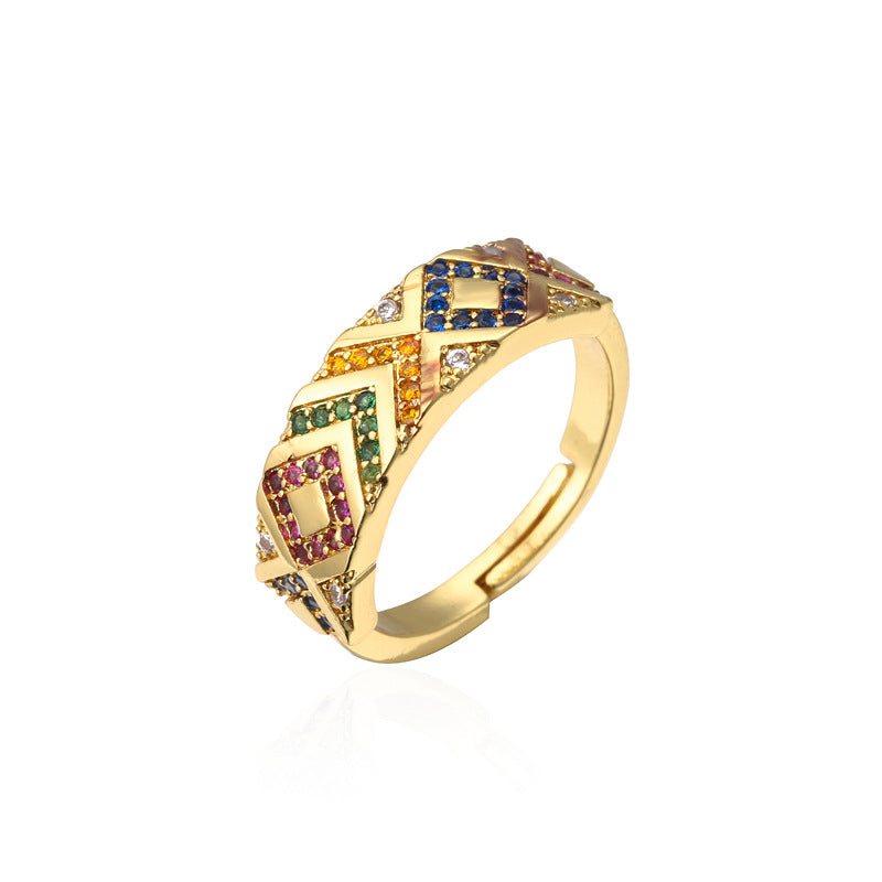 Anello geometrico minimalista in rame con placcatura in oro e zirconi colorati micro-incastonati per donna