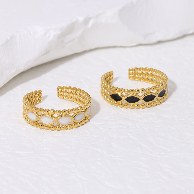 Vintage French-Inspired Geometric Stainless Steel Open Ring with Enamel Finish and 18K Gold Plating for Women