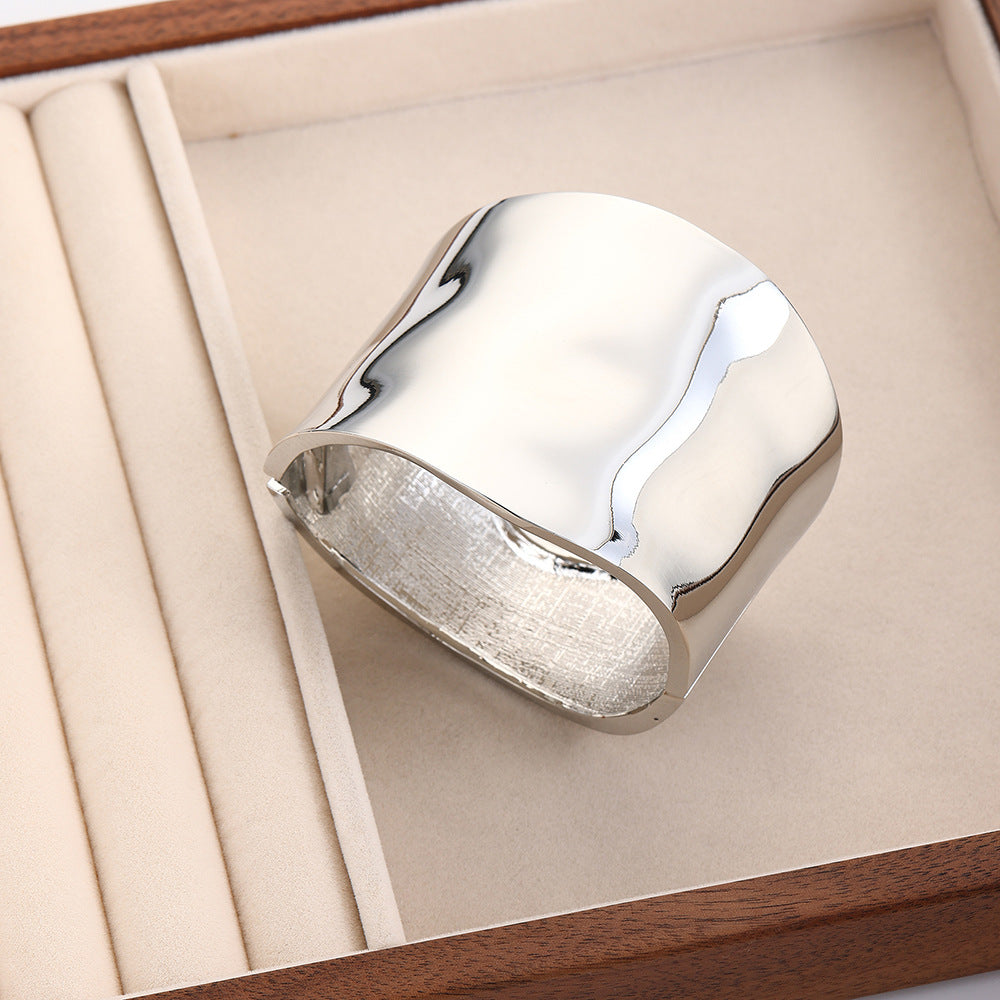Minimalist Cool-Tone Alloy Bracelet with Hollow Double Circular Arc Design Spring-Opening Bangle for Women