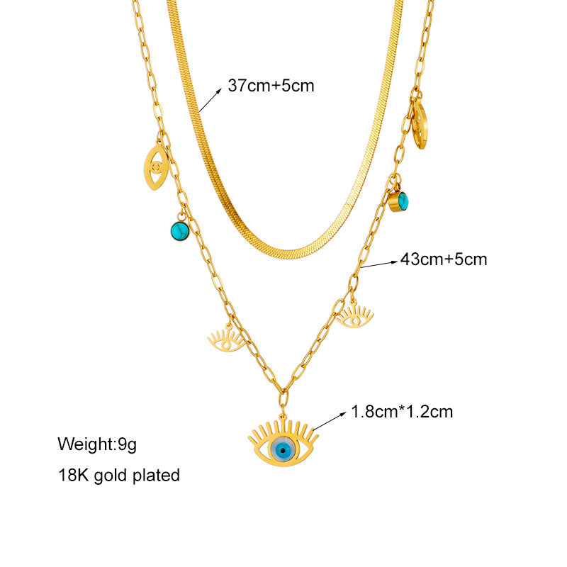 Collana con Pendente Occhio Turco Etnico Minimalista Vintage in Acciaio al Titanio con Finitura Placcata e Catena a Serpente