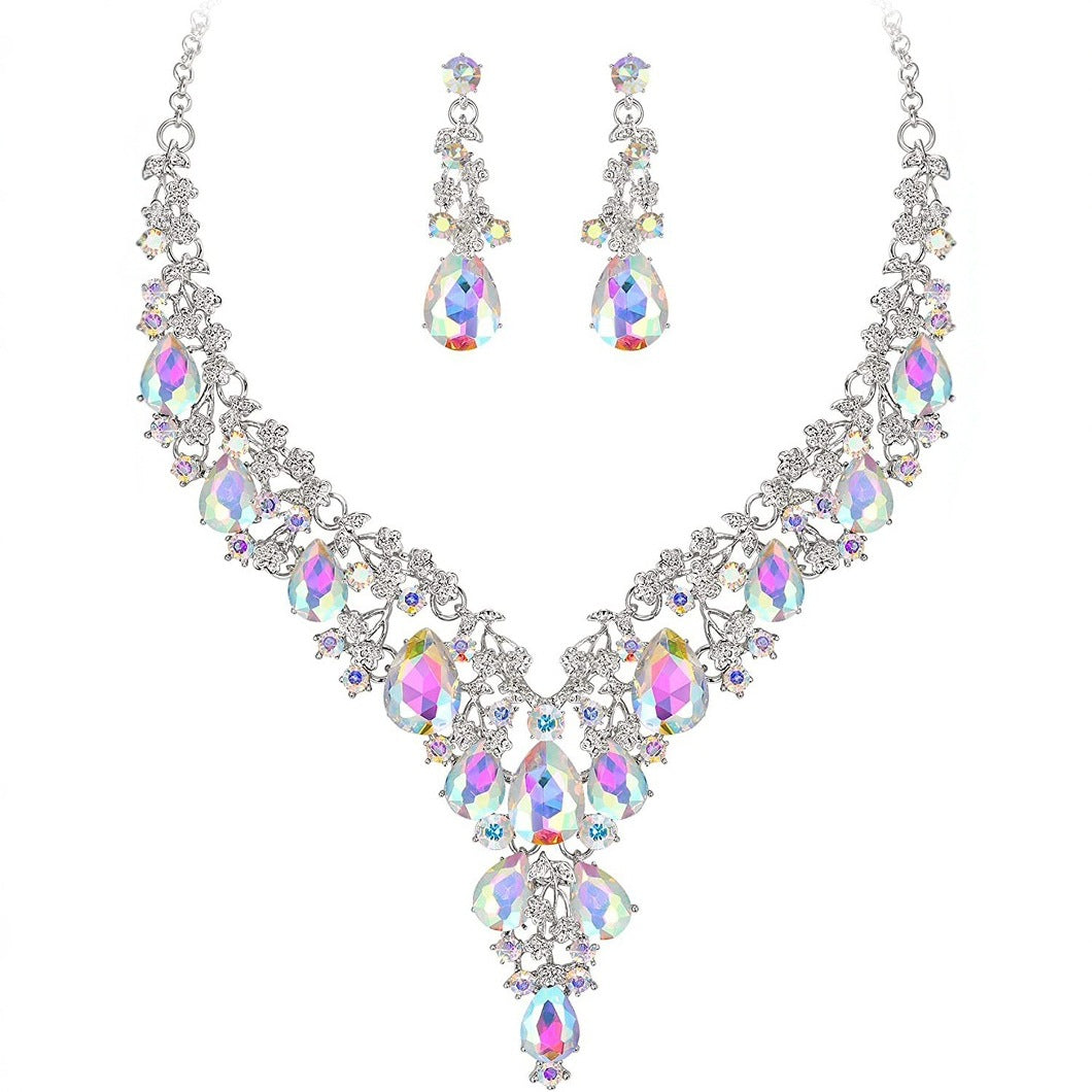 Fashion OL Waterdrop Pendant Necklace and Earrings Set for Women with Rhinestone Inlay on O-Chain for Wedding Evening Gown Formal Occasions