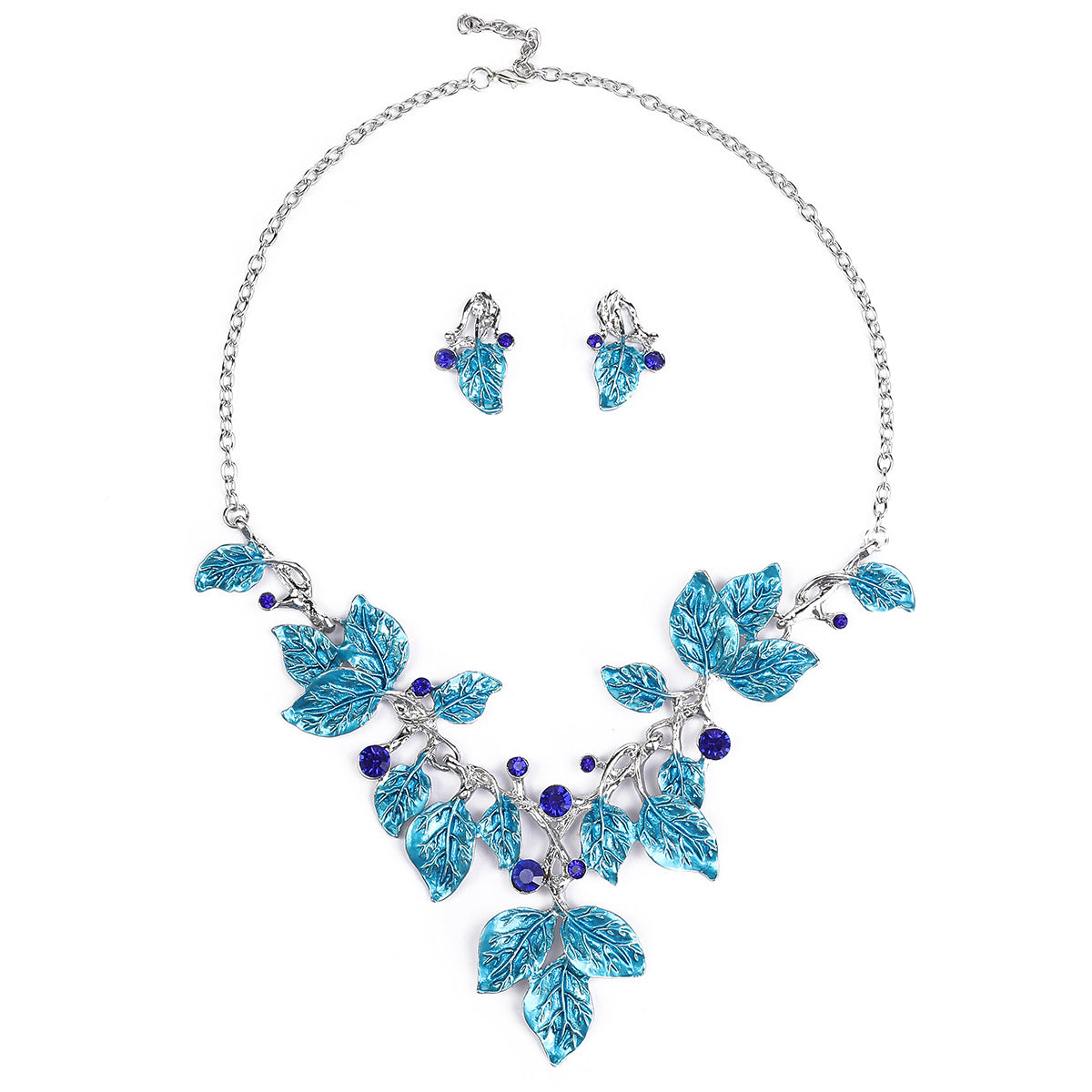 Juego de collar de aleación con forma de hoja exagerada con acabado esmaltado e incrustaciones de pedrería para mujer, collar tipo gargantilla con cadena tipo O y pendientes a juego