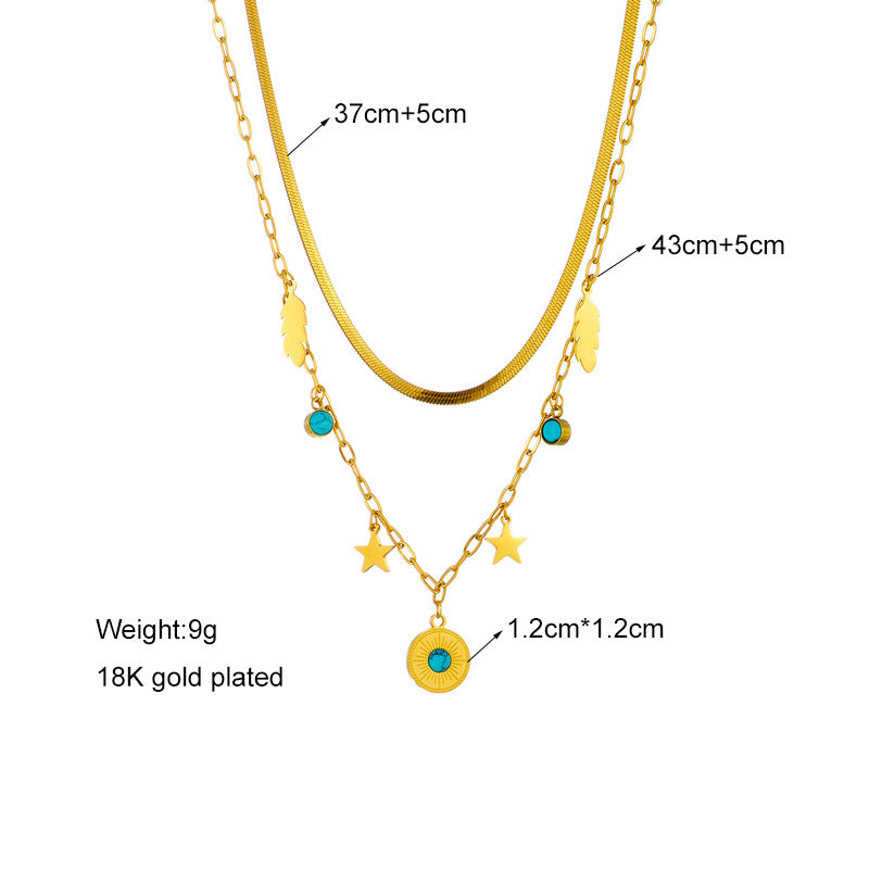 Collana Vintage a Doppia Catena a Serpente in Acciaio al Titanio con Ciondolo Rotondo Turchese, Ciondoli a Stella e Piuma, Design Geometrico