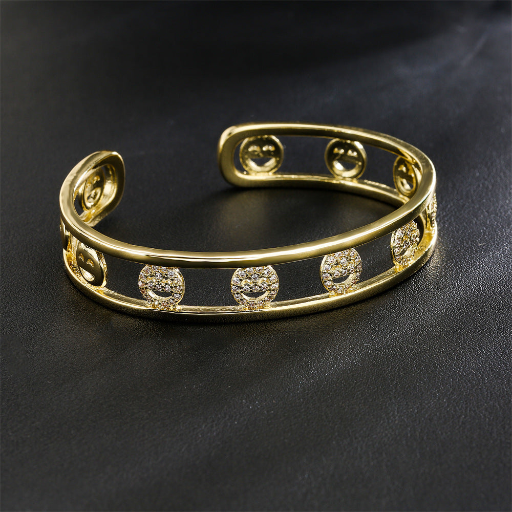 18K Gold Plated Brass Bangle with Micro-set Cubic Zirconia Hollow Design for Women
