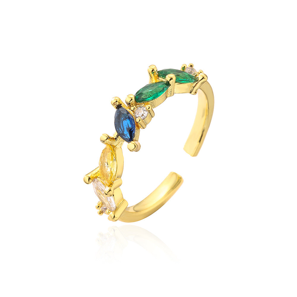 Anello Aperto Geometrico Minimalista da Donna Realizzato in Ottone con Placcatura in Oro 18K e Intarsio in Zirconi