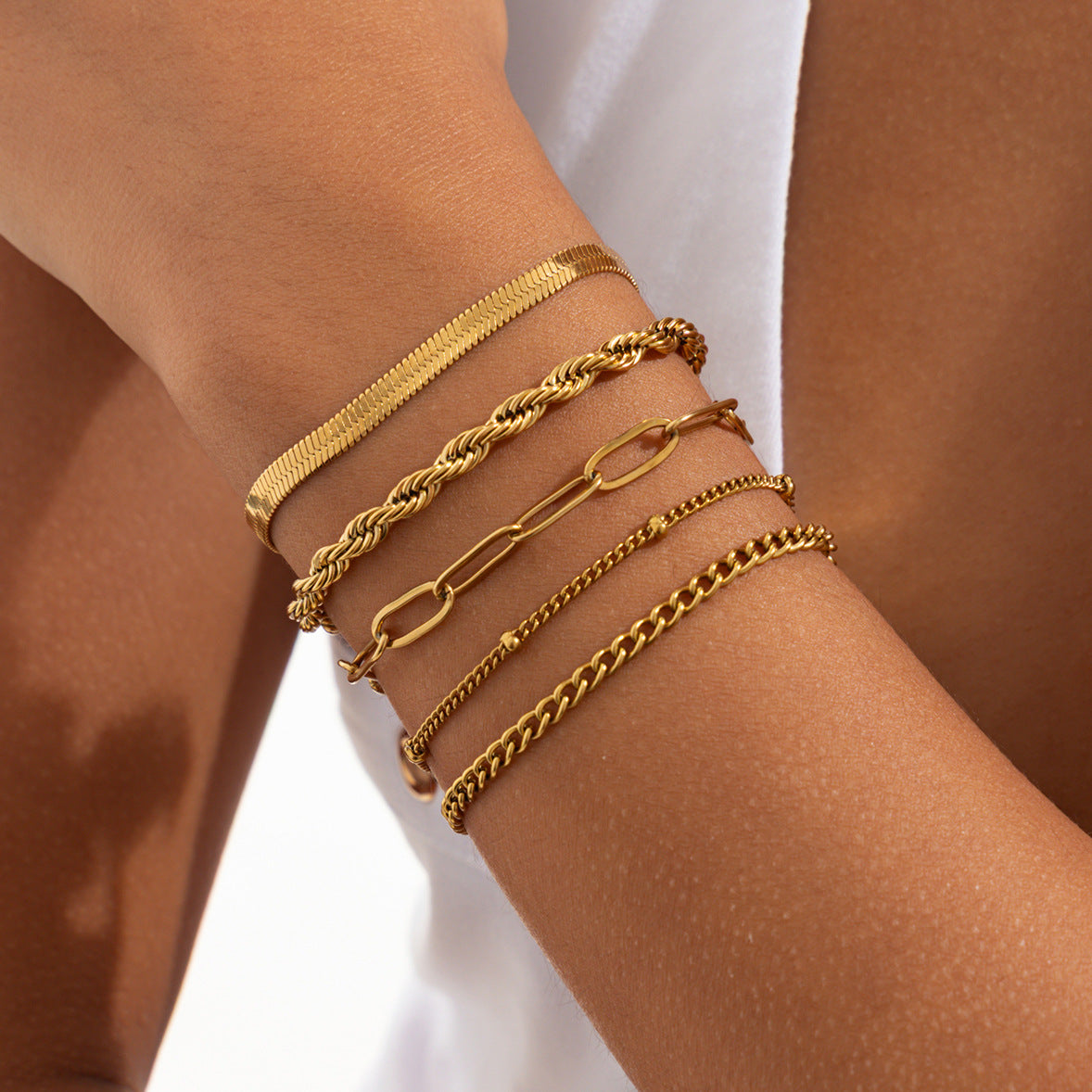 Hip-hop 18K Gold Plated Stainless Steel Geometric Rope Snake Chain Bracelet for Women