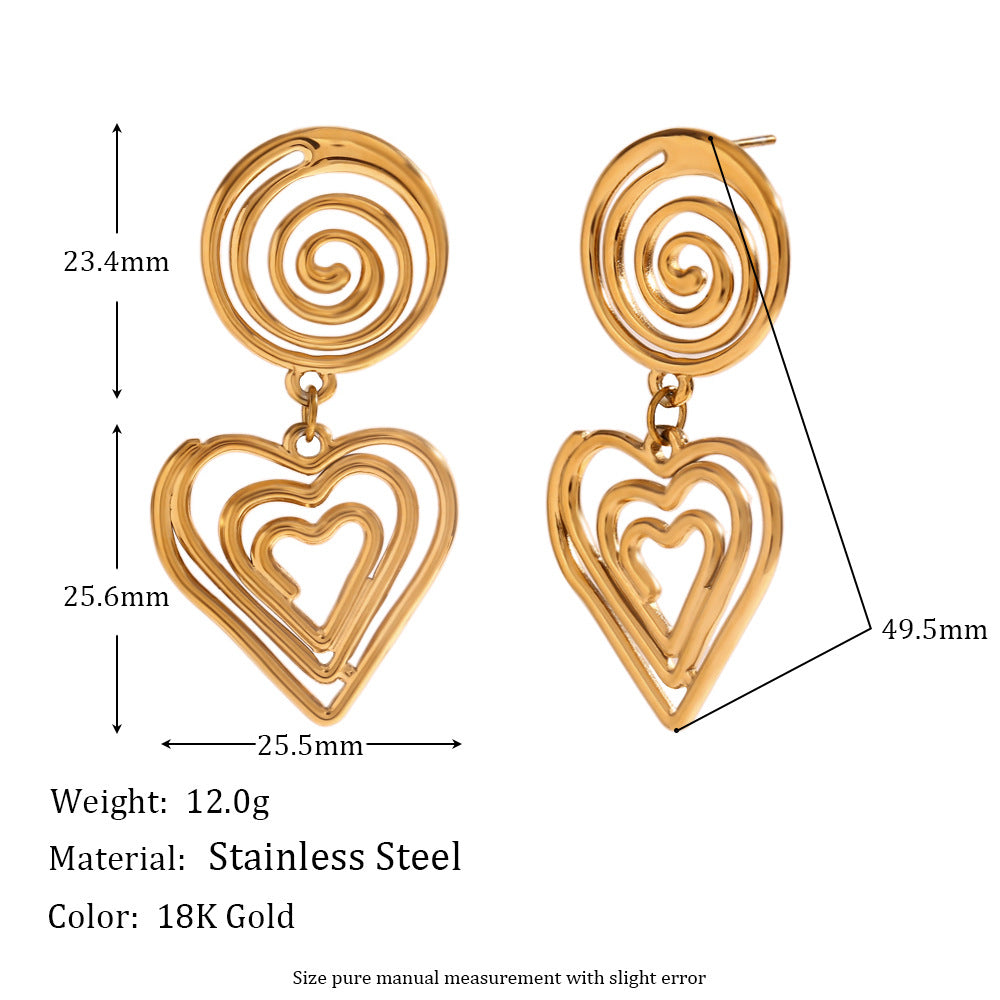 Pendientes Minimalistas Geométricos Huecos en Espiral con Corazón para Mujer de Acero Inoxidable con Chapado en Oro de 18K