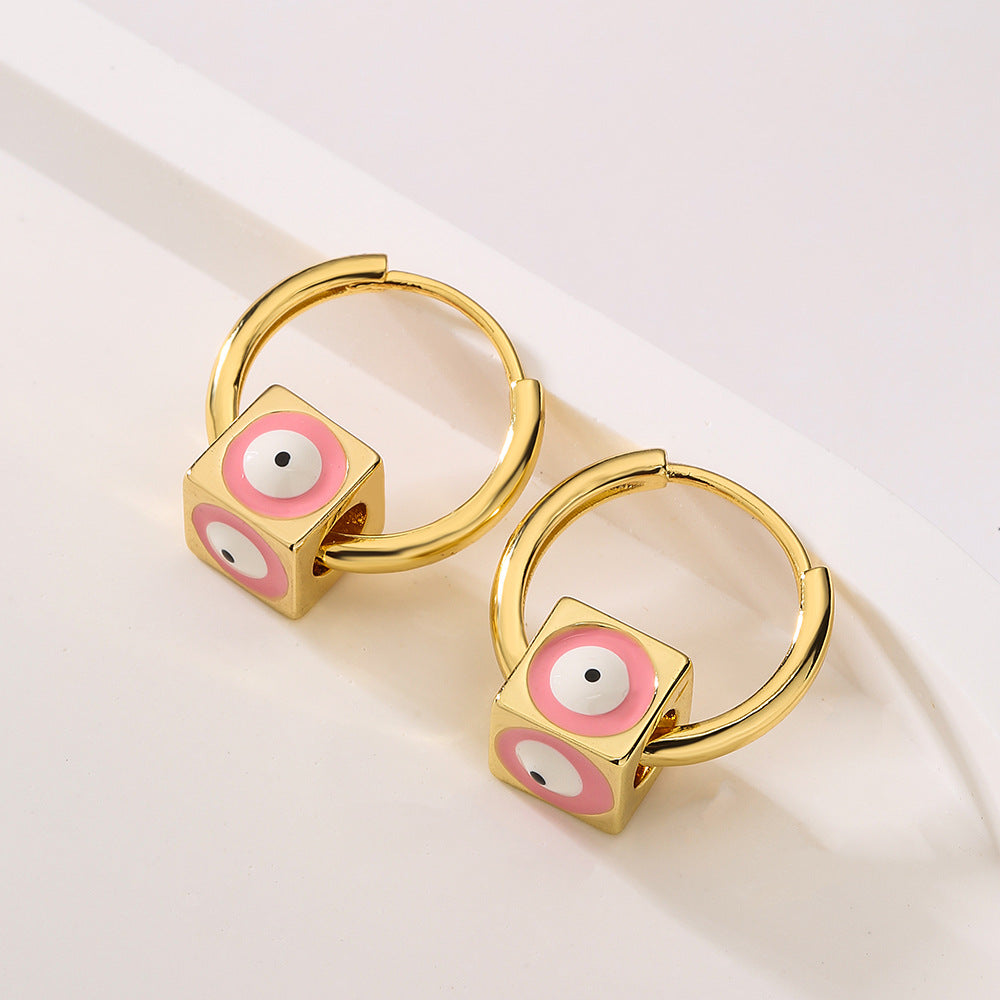 Geometric Square Drop Earrings for Women in Copper with 18K Gold Plating and Enamel Eye Detail