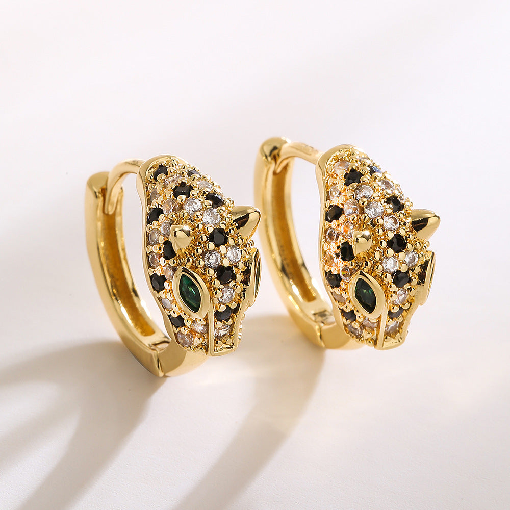 Orecchini da donna minimalisti in rame a forma di leopardo con placcatura in oro 18K e intarsio in zircone