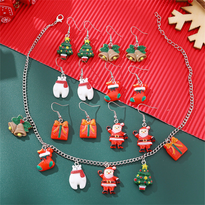 Set collana con ciondolo coordinato cappello e guanti di Babbo Natale, in resina, smaltato, con perline rotonde, per bambine