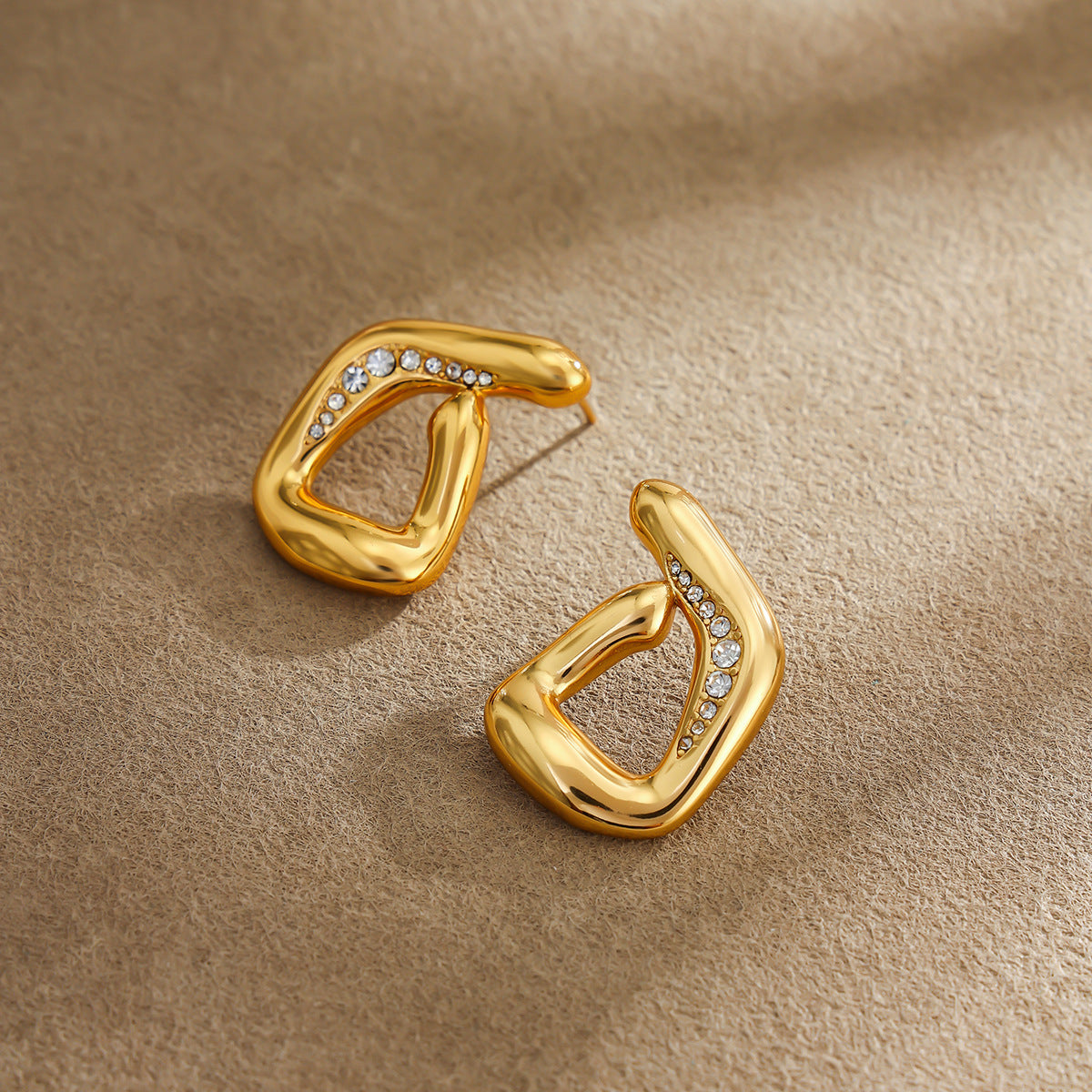 Minimalist Luxury 18K Gold Plated Stainless Steel Hollow Geometric Rhinestone Earrings for Women