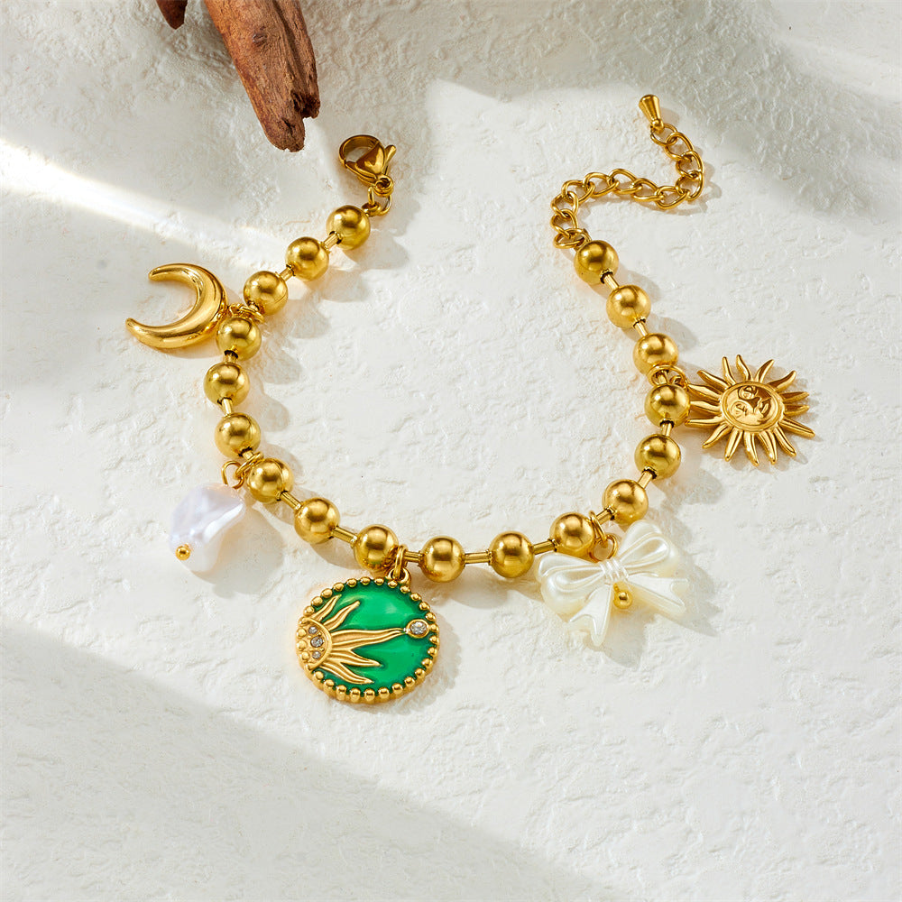 Elegant Gold Plated Drip Oil Round Sun Moon Bow Pearl Pendant Stainless Steel Bracelet for Women