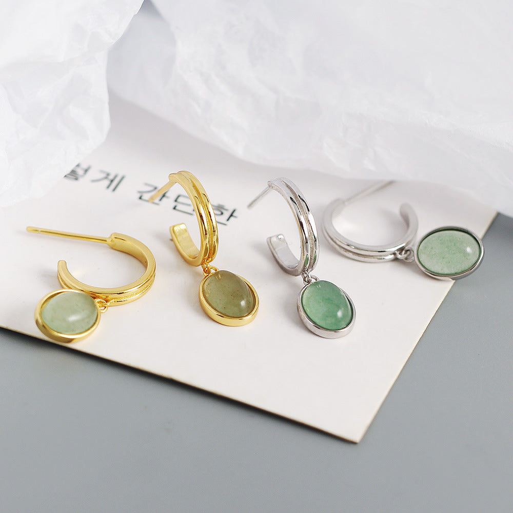 Minimalist Vintage S925 Sterling Silver Geometric C-Shaped Aventurine Inlay Earrings