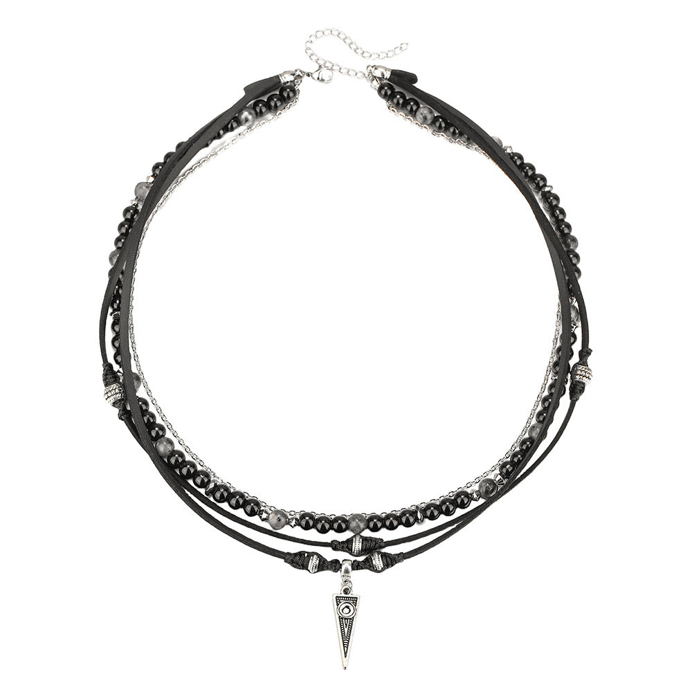 Vintage Ethnic Men's Multi-Layer Leather Necklace with Triangle Geometric Alloy Pendant and Black Agate Beads
