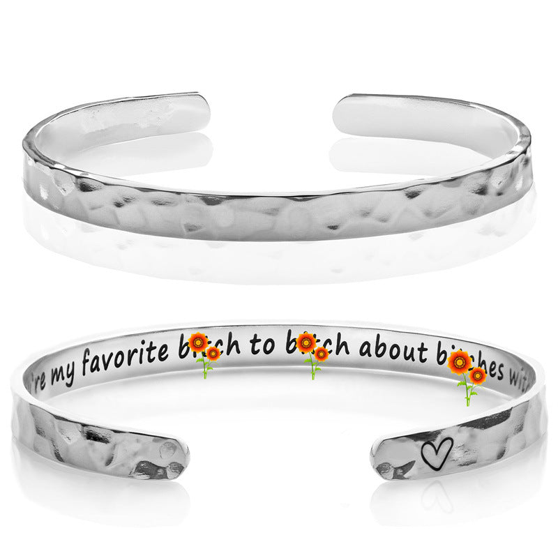Minimalist Stainless Steel Engraved Open Moon Surface Textured Hammered Bracelet