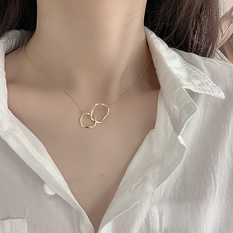 Minimalist Irregular Geometric Double Circle Pendant Necklace for Women with Titanium Steel Chain and Rhinestone Inlay